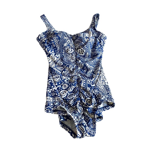 Maxine of Hollywood Floral Swimsuit‎ in Dark Periwinkle Blue Size 12 Retro Boho - Picture 1 of 13